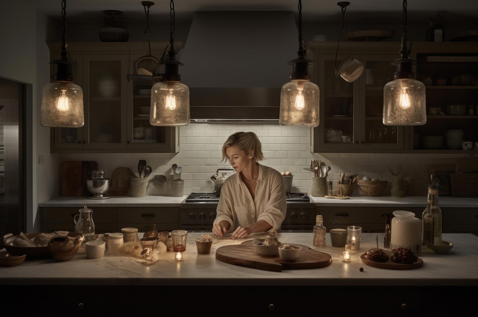 Vrouw bereidt eten aan een kookeiland onder warm licht van glazen hanglampen in een avondlijke keuken