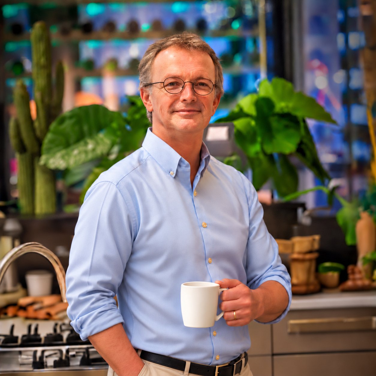 Wil Custers, eigenaar en keukenontwerper van Al Dente Keukens, met een kop koffie in de showroom