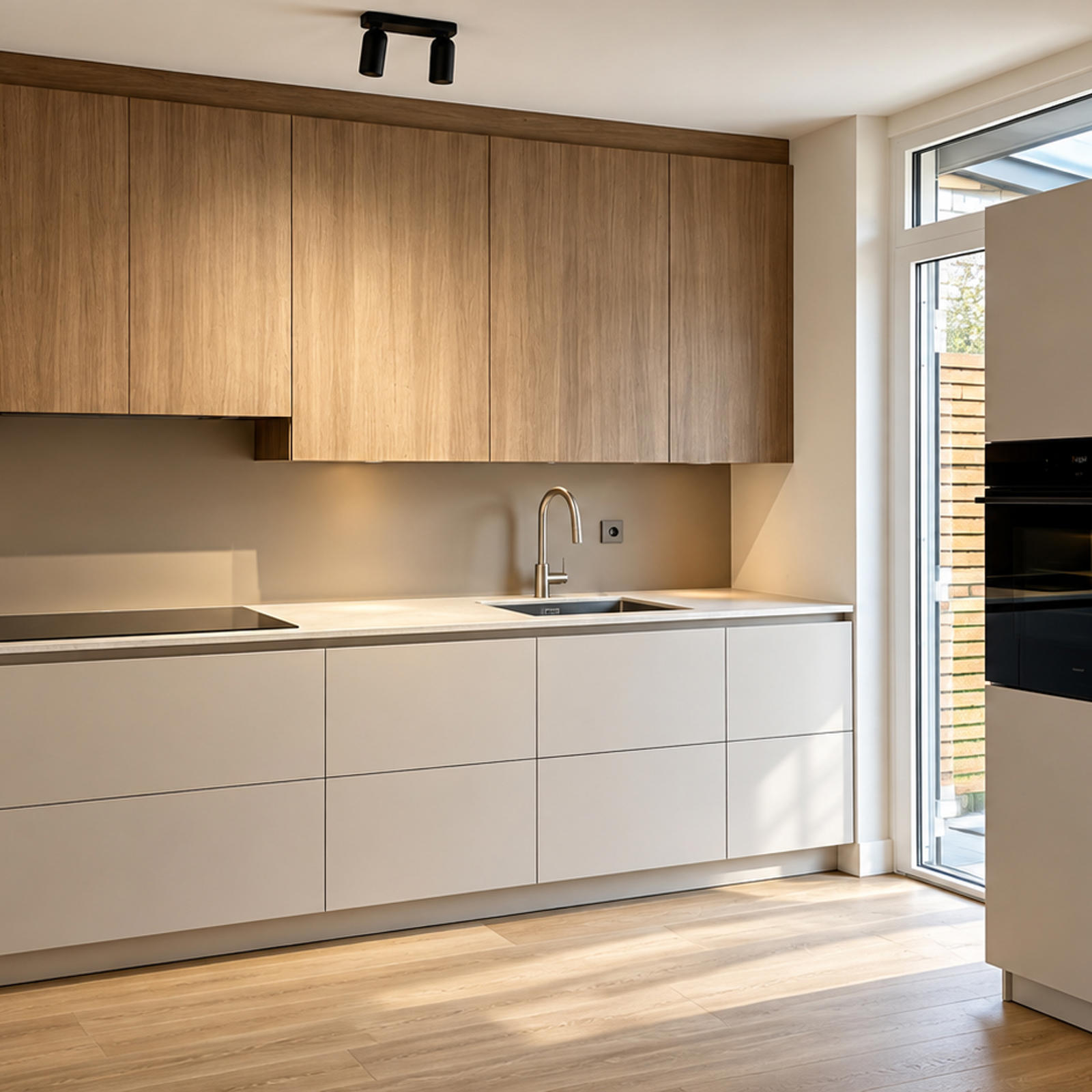 Nieuwe keuken in Amby: greeploze lichtgrijze onderkasten, eiken bovenkasten en hoge kastenwand met zwarte inbouwoven